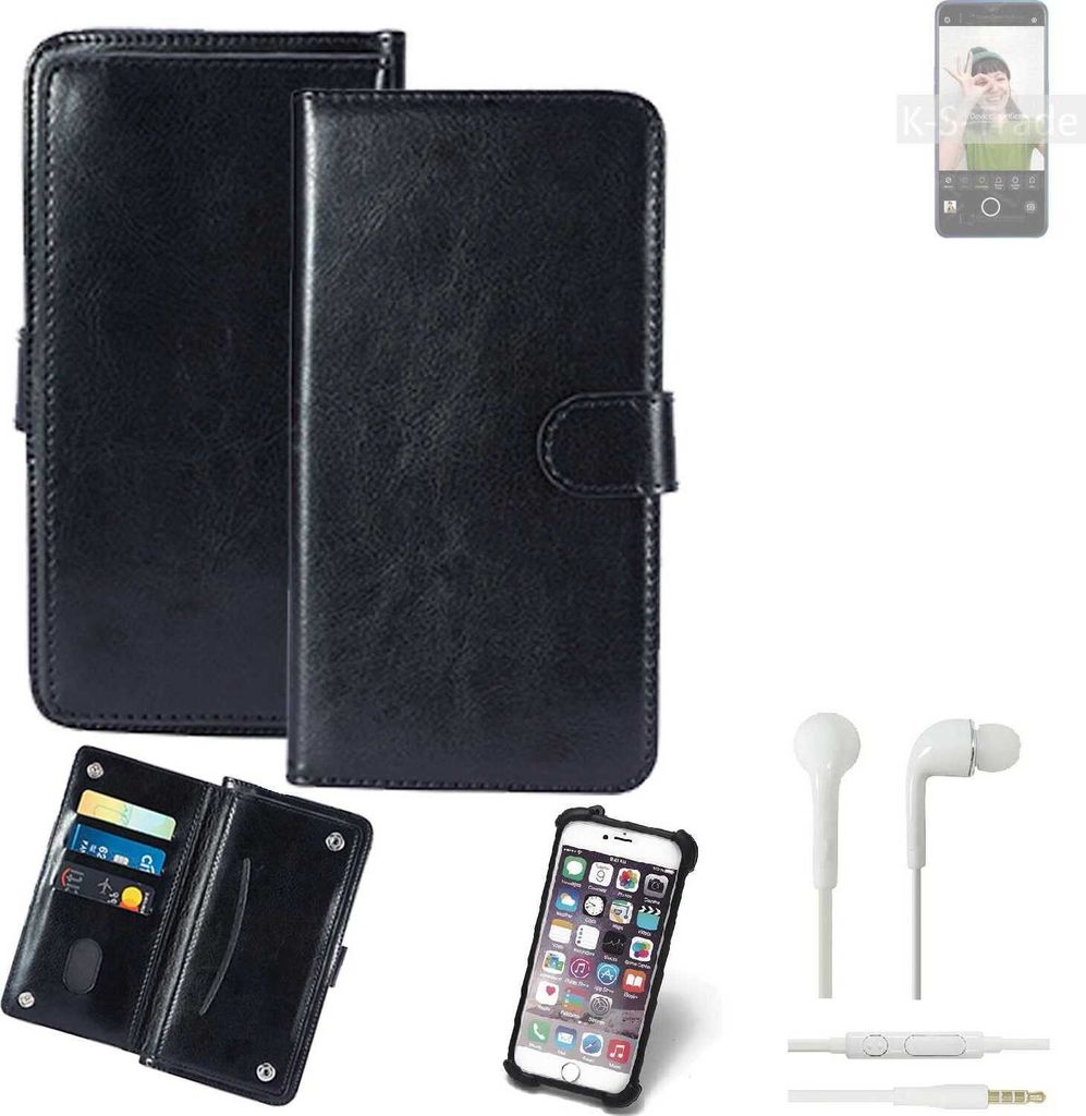 K-S-Trade 360° Hülle kompatibel mit Oppo Reno A inkl. Headphones schwarz Kunstleder Case BookCase WalletCase Kunstlederederhülle Handyhülle,