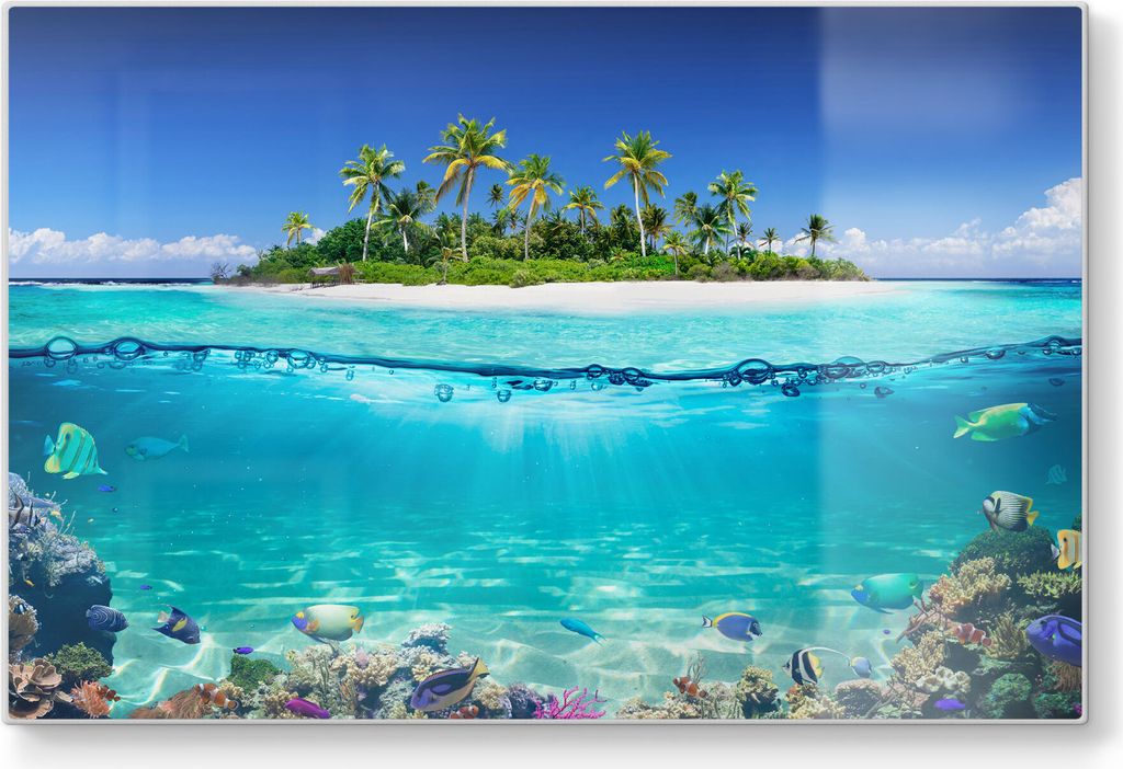 DEQORI Schneidebrett Glas 30x20 cm 'Insel im tropischen Meer' Schneideplatte groß