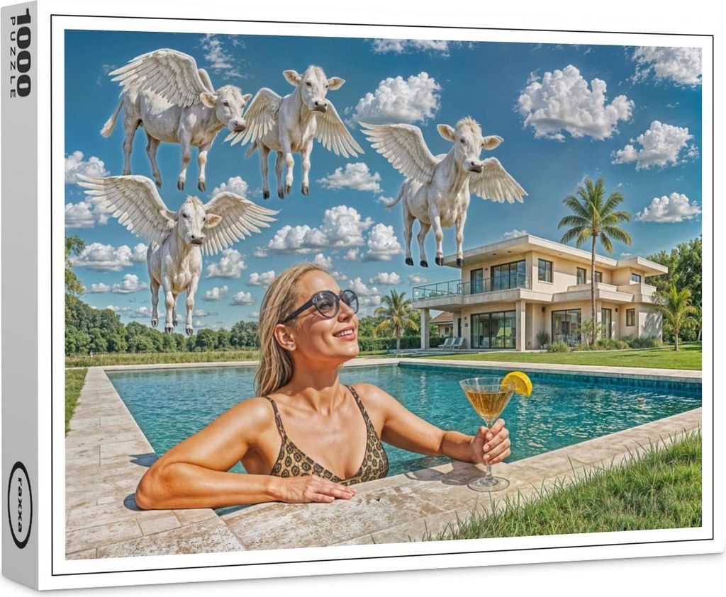 raxxa Premium-Puzzle "Rich Woman Watches Flying Cows from Pool", 1000 Teile
