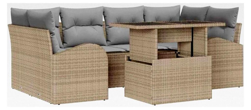 Garten-Sofa-Set mit Kissen, 7-teilig, Beige, Poly Rattan, modernes Outdoor-Sofa-Set, wetterfestes modulares Lounge-Möbel für Terrassen und Gärten
