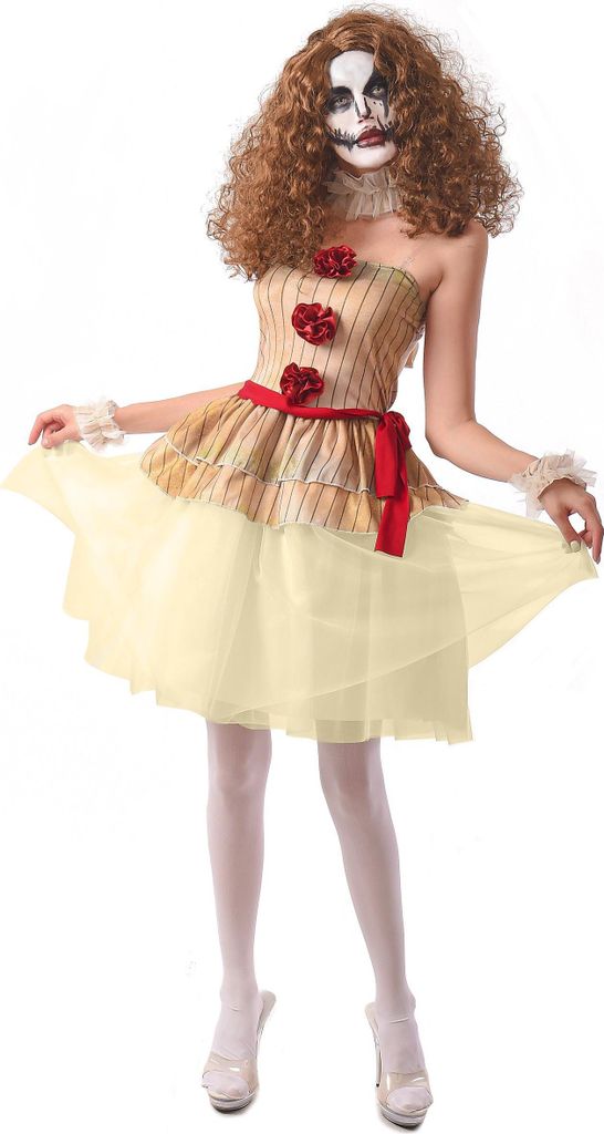 Pantomime Clown-Kostüm für Halloween Damenkostüm beige-rot-weiss Small
