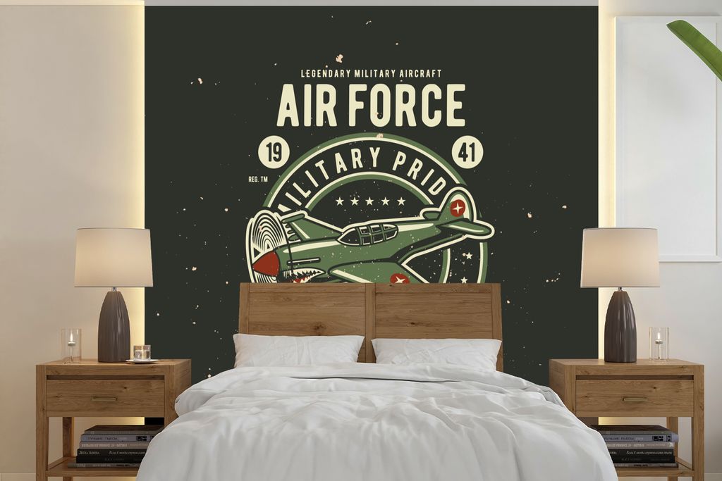 MuchoWow Fototapete für Wohnzimmer oder Schlafzimmer Wandtapete Vinyl Motivtapete Mancave - Flugzeug - Armee - Altmodisch - 240x240 cm - Schlafz...