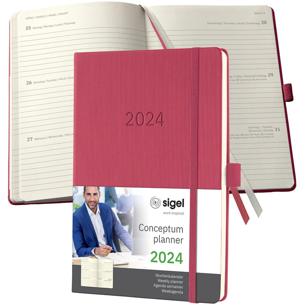 SIGEL C2470 Terminplaner Wochenkalender 2024, ca. A5, rot, Hardcover, 192 Seiten, Gummiband, Stiftschlaufe, Archivtasche, PEFC-, Conceptum