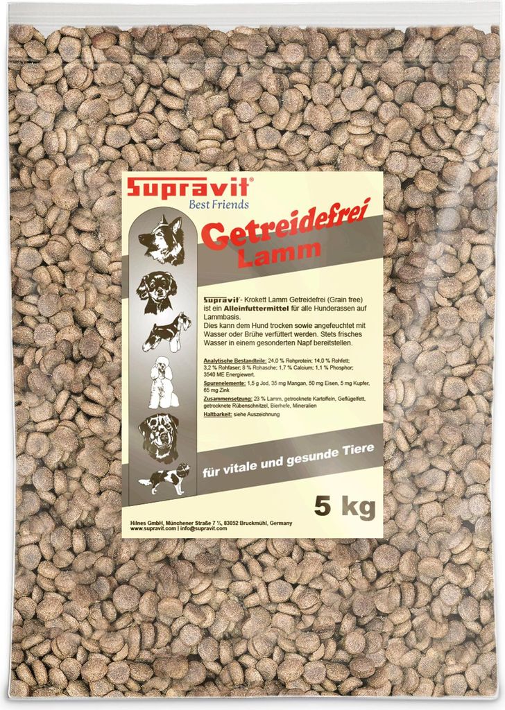 Supravit Hundefutter trocken Getreidefrei 5kg | Lamm & Kartoffeln | Trockenfutter Hund ohne Getreide | Ideal für Sensitive Hunde