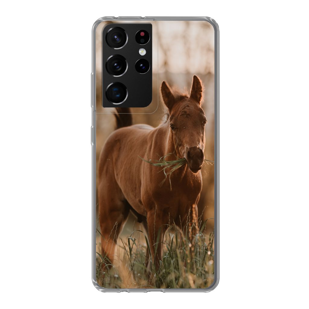 MuchoWow Handyhülle Schutzhülle Hülle für Samsung Galaxy S21 Ultra Pferd - Sonne - Gras Silikon Softcase Handy Hülle - Mobiltelefon