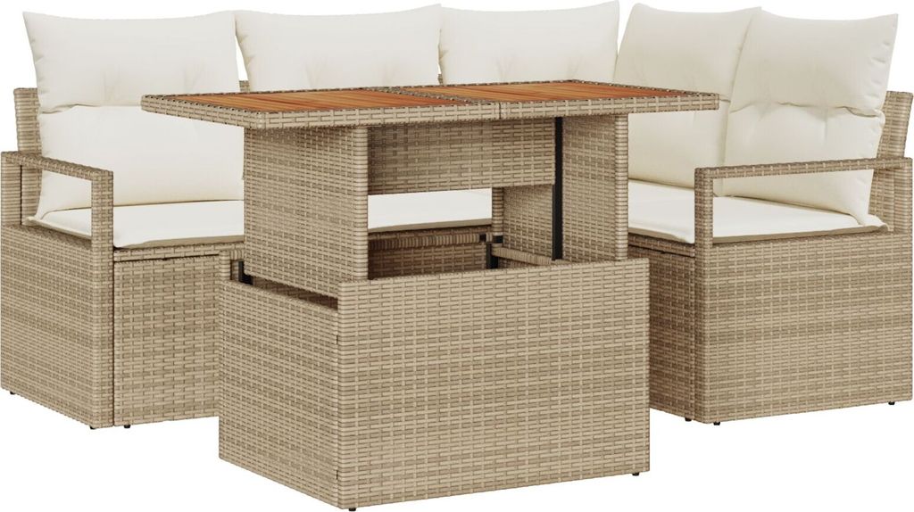 Möbel 5-teiliges Garten Sofaset mit Kissen Beige Poly Rattan, 2-Sitzer Garten Sofa mit Stauraum & Kissen Beige Poly Rattan - Gartensofas 3358444