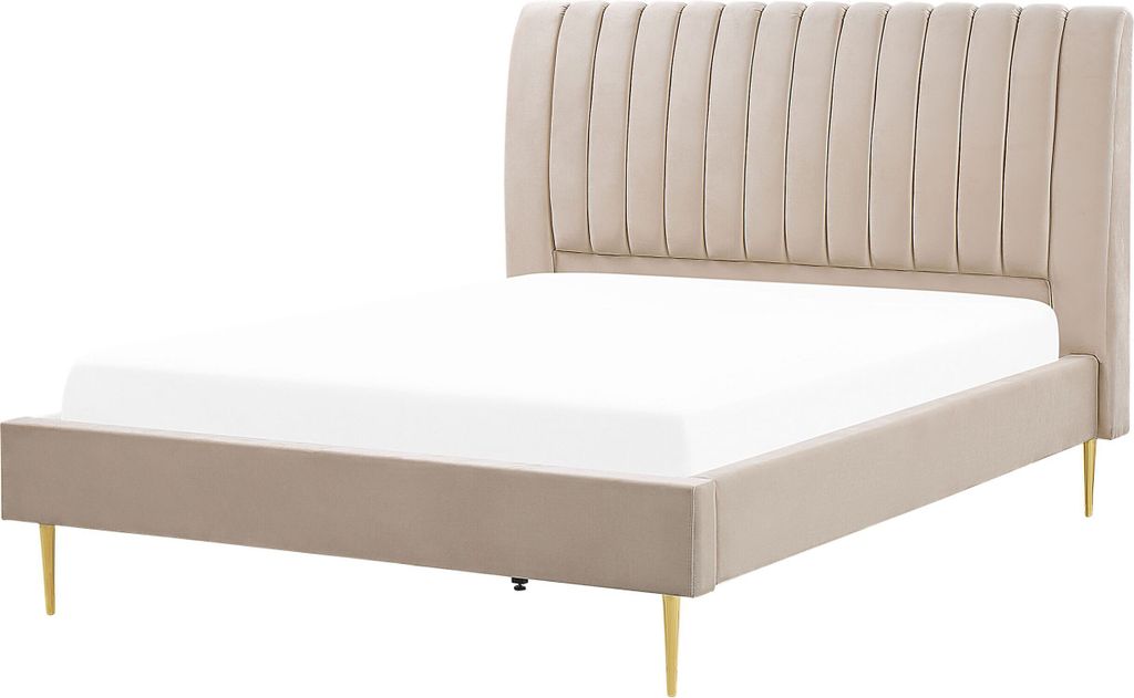 BELIANI Polsterbett Sandbeige 160 x 200 cm Samtstoff Mit Lattenrost Hohes Kopfteil Dekorativ Elegant Modern Doppelbett