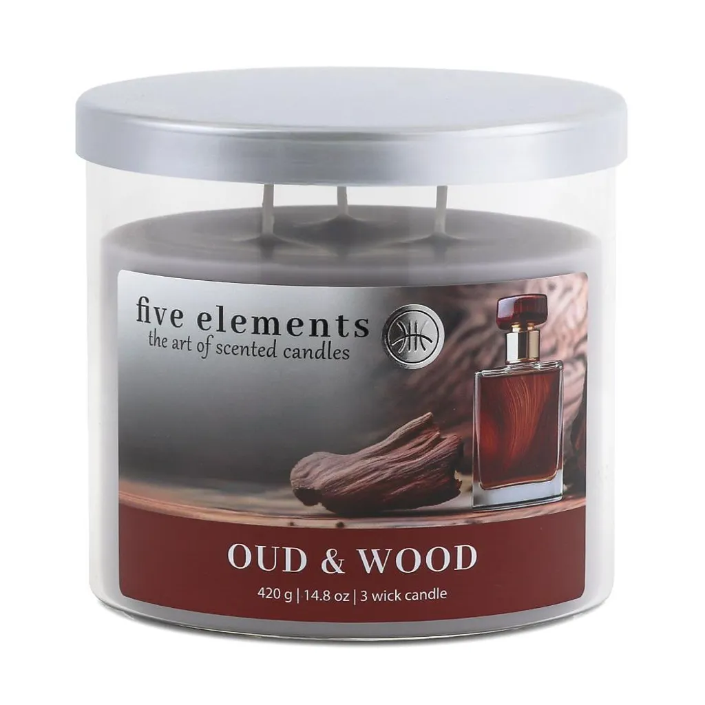 Candela Profumata Five Elements Oud & Wood 420g | 3 Stoppini Lusso