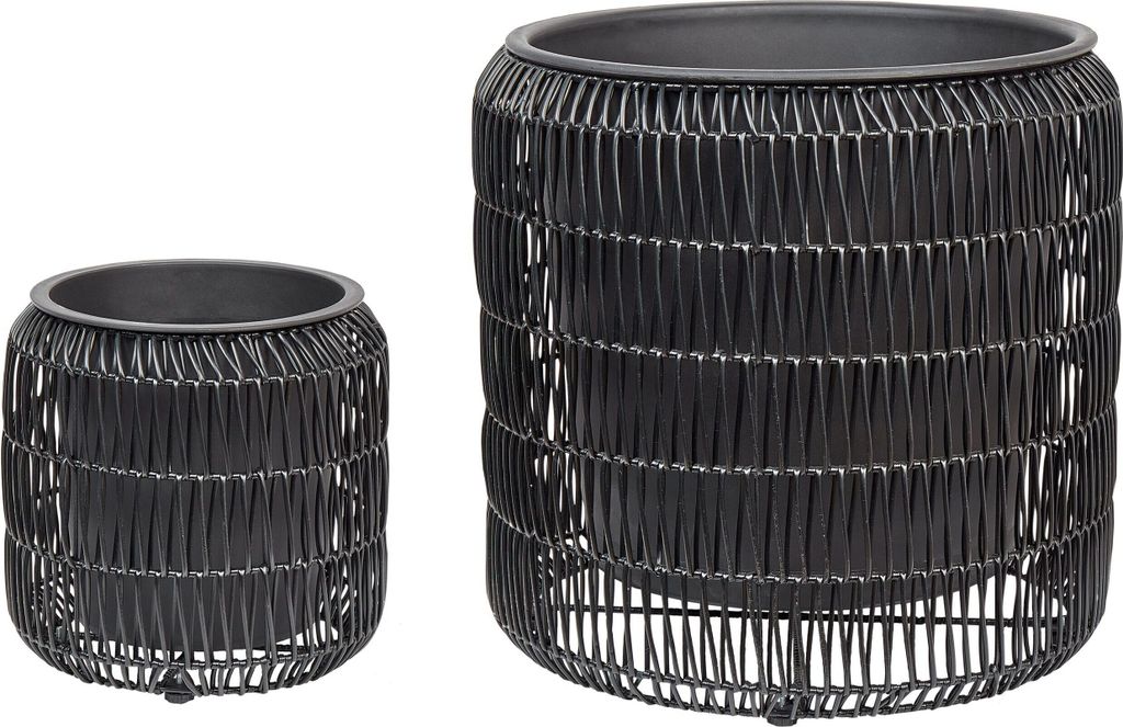 BELIANI Blumentopf 2er Set Schwarz Rattan mit Innentopf Rund Zylindrisch Geflochten Verschiedene Größen 29 cm & 46 cm Hoch Modern Outdoor & Indoor
