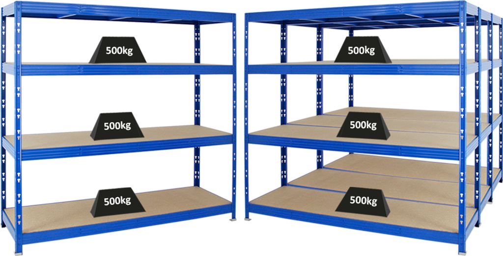 Mega Deal | 4x Profi Schwerlastregal Rhino | HxBxT 180x200x60cm | 4 Spanplatten-Ebenen 16mm | Fachlast 500kg | Blau