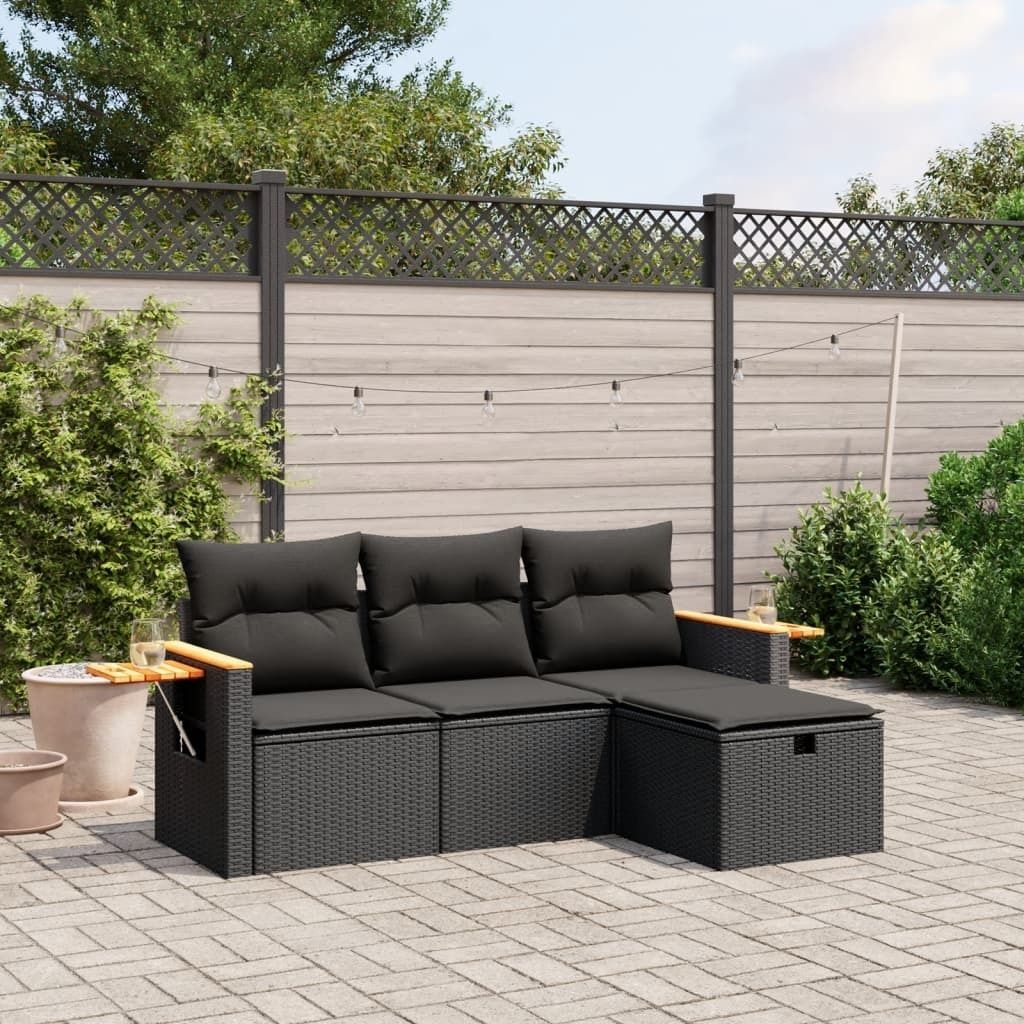 Möbel 4-tlg. Garten-Sofagarnitur mit Kissen Schwarz Poly Rattan - Gartenmöbelgarnituren 3265486