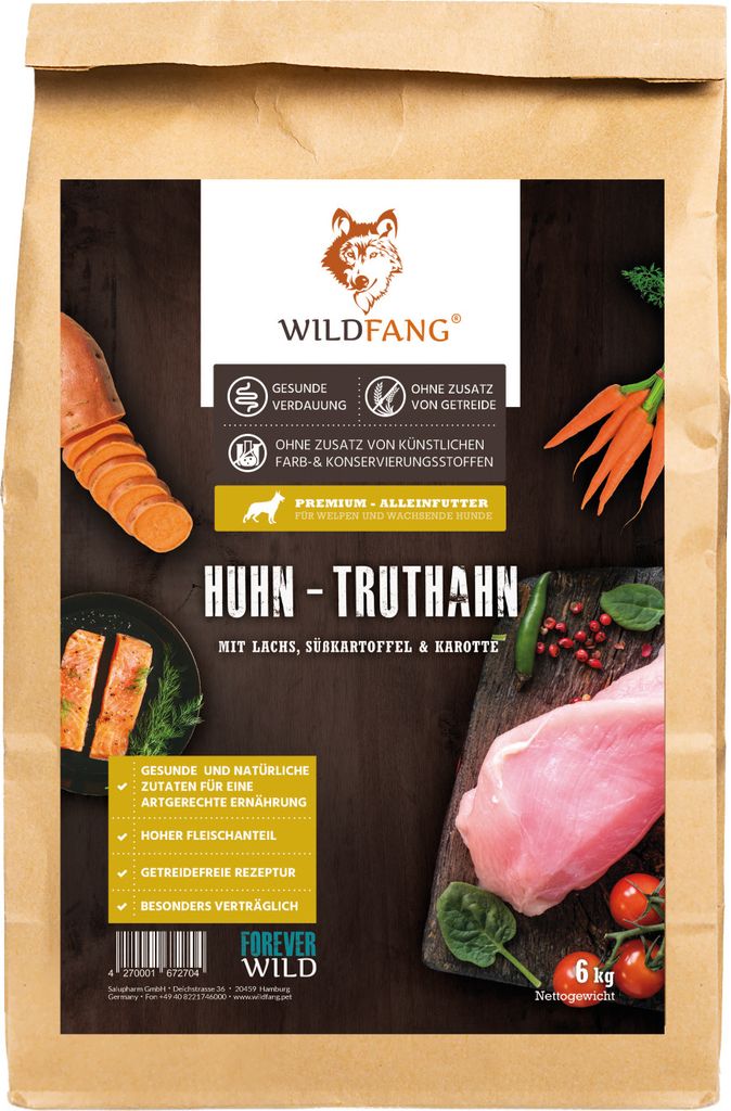 Wildfang Junior Premium Trockenfutter für Welpen mit 60% Huhn 6 kg, getreidefrei, glutenfrei, hypoallergen