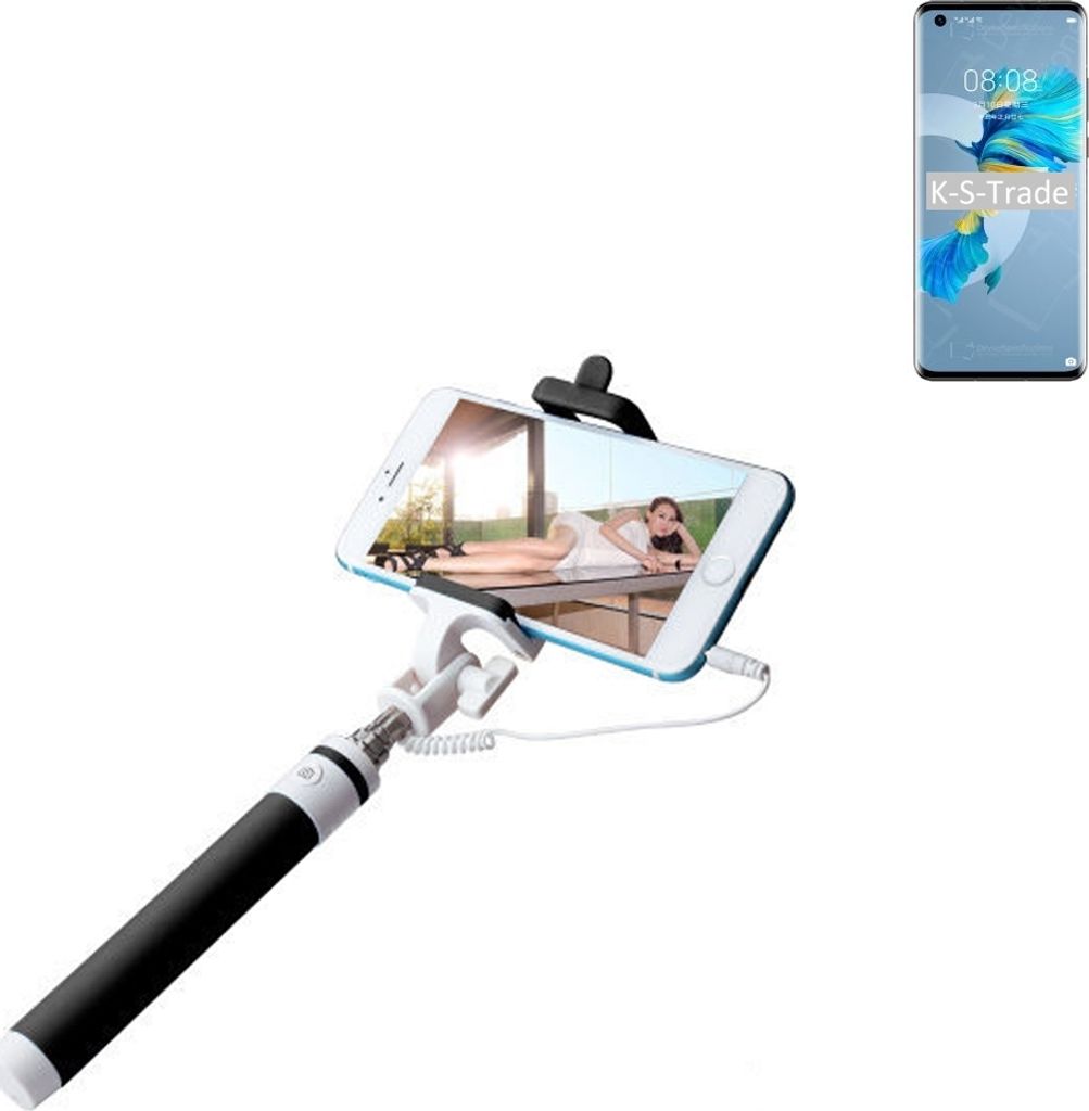 K-S-Trade Selfie Stick kompatibel mit Huawei Mate 40E 5G Selfiestick kabelgebunden Monopod mit Kabel Stab Stange Selfportrait Handheldstick schwarz