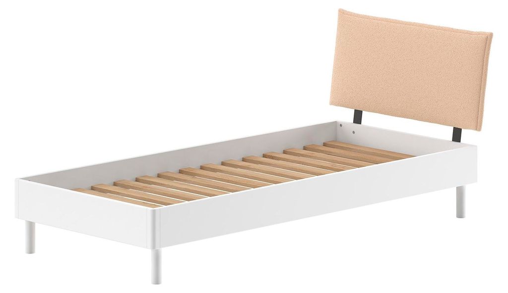 Einzelbett 90x200 Keeley Buche Weiß Massivholz Polsterkopfteil