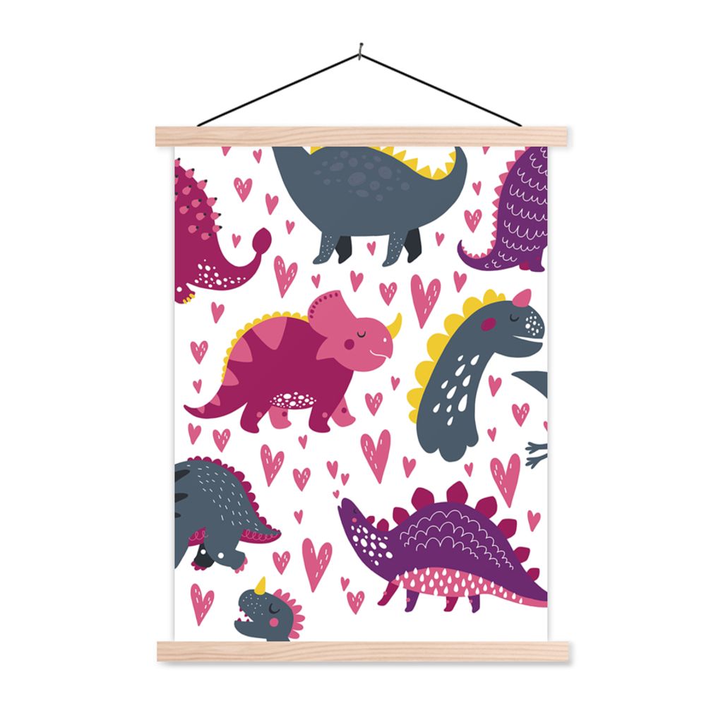 MuchoWow Textilposter Dino - Herz - Muster - Rosa - Mädchen - Dinosaurier 120x160 cm mit holzfarbenen Rahmen - Plakatkarton