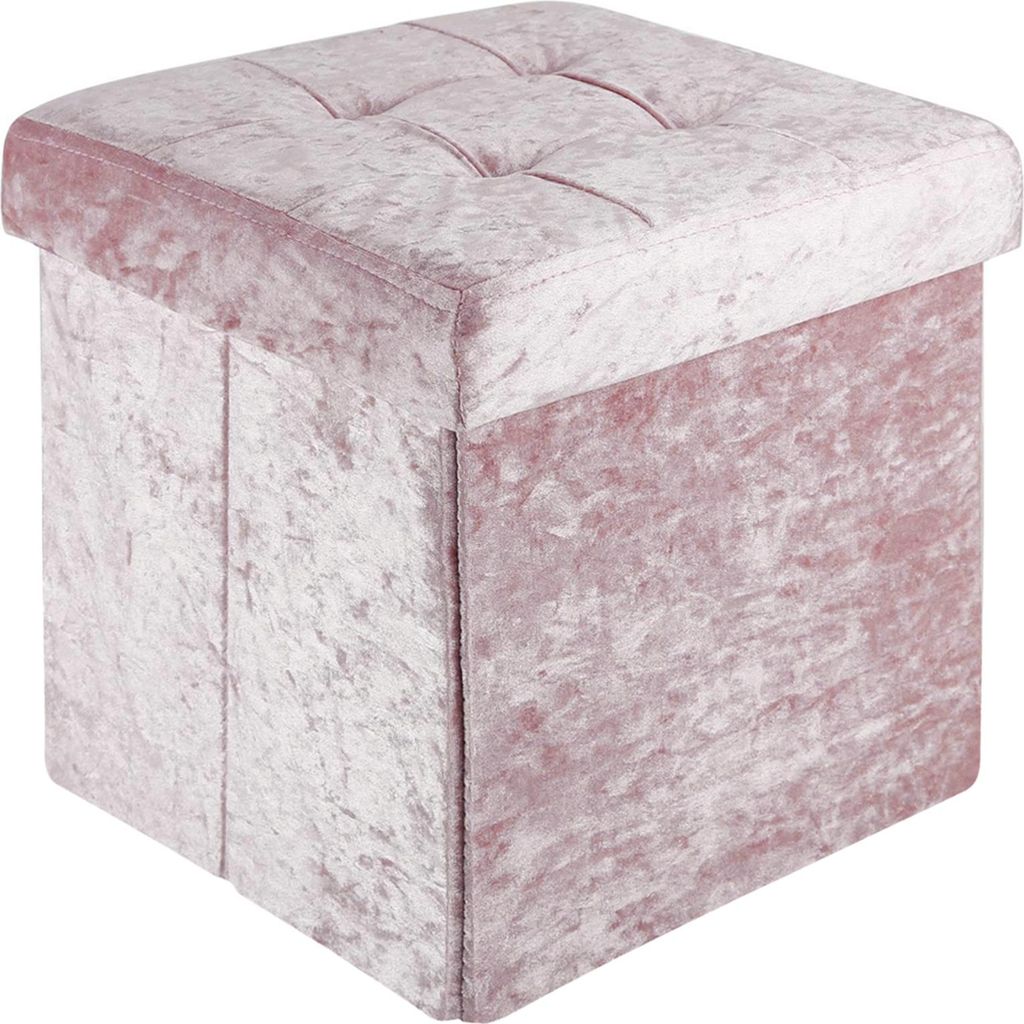 Intirilife Faltbarer Sitzhocker 30x30x30 cm in Samt Rosé - Sitzwürfel mit Stauraum und Deckel mit Samtbezug - Sitzcube Fußablage Aufbewahrungsbo...