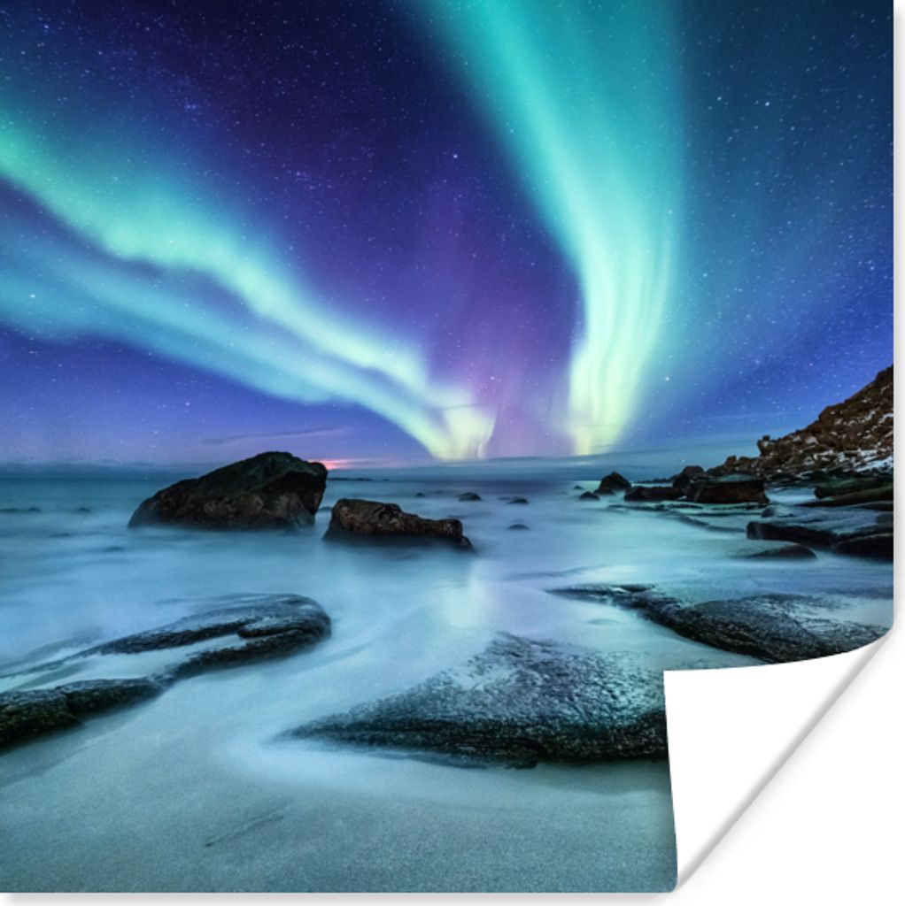 MuchoWow Poster Nordlichter - Landschaft - Lofoten 50x50 cm - Wohnzimmerdekoration