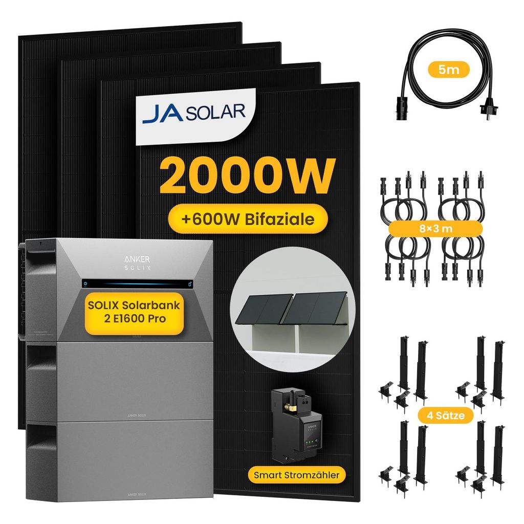 Powerness Balkonkraftwerk mit Speicher,Anker Solarbank 2 E1600 Pro mit 2x BP1600 Erweiterungsakku und 4x 500W JASolar Module & 4x Flachdach-Halterung