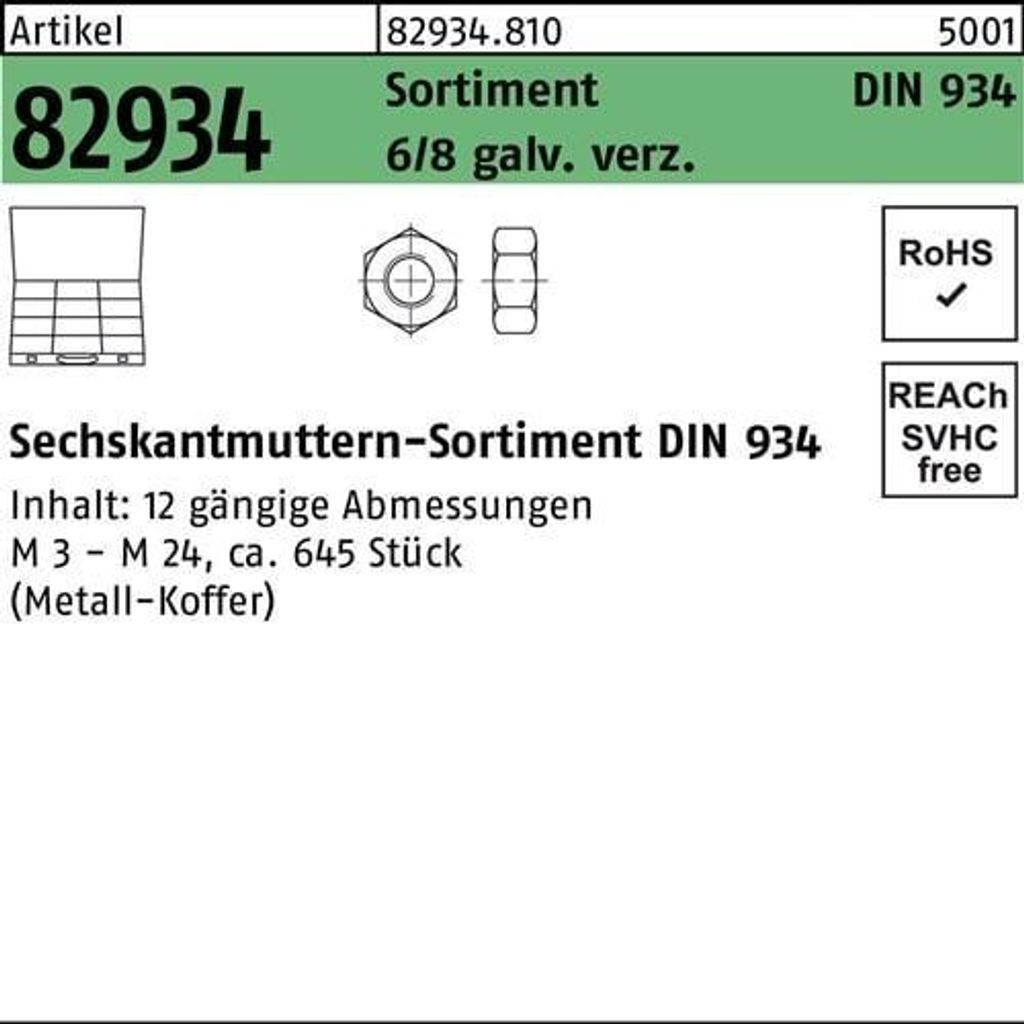 Muttersortiment DIN 934 645tlg. 8 galvanisch verzinkt