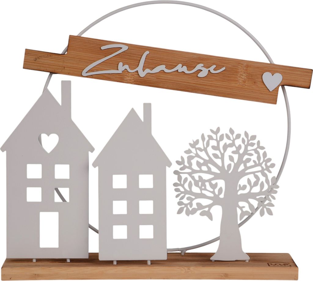 UNUS Deko Aufsteller Tisch Deko Häuser Baum Zuhause aus Metall und Holz in weiß