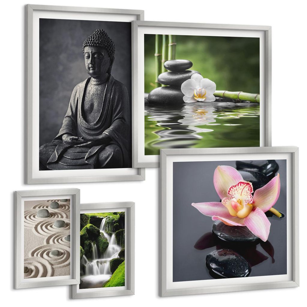 Bilder Set 5-teilig im silbergerahmten Rahmen – Wandbilder 5 Stück – gerahmte Poster für Wohnzimmer, Schlafzimmer und Flur – 50x50 cm - 40x...