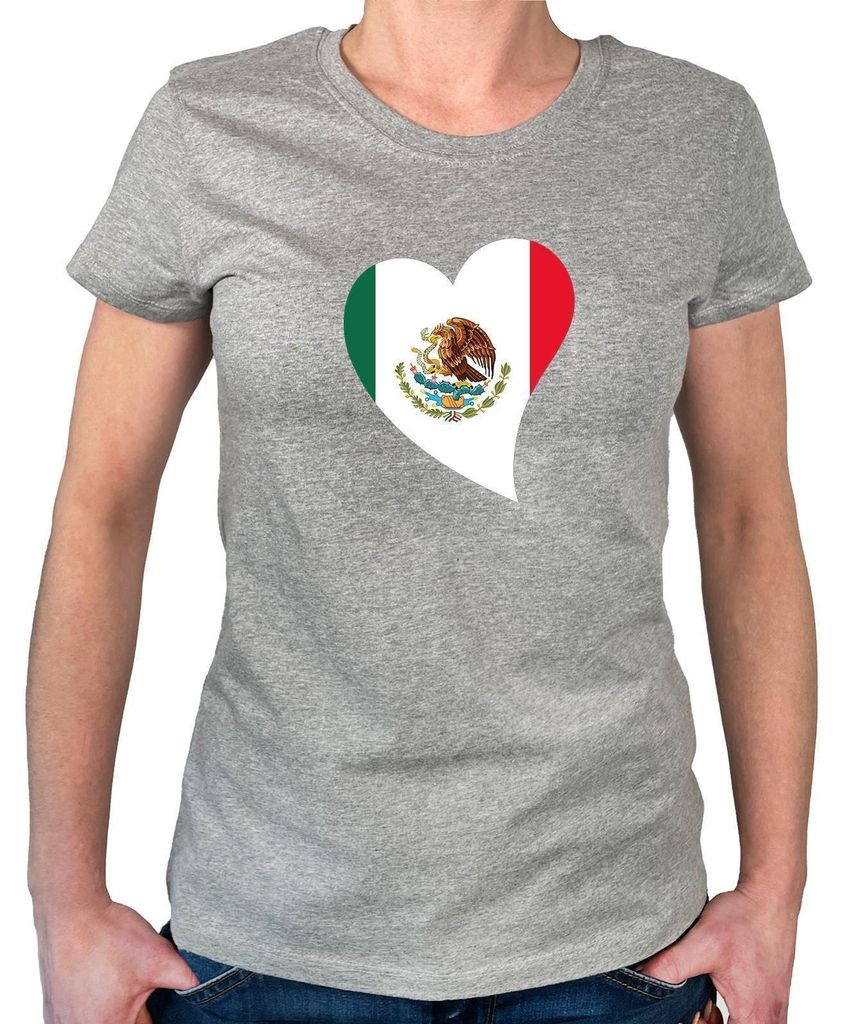 Huuraa Damen T-Shirt Mexiko Flagge Herz M Sport Grey Bio Baumwolle Fairtrade Damenshirt Geschenkidee