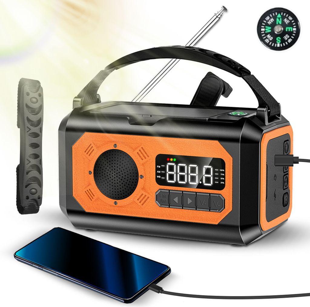 Wetterradio mit Kurbel fuer Notfaelle mit NOAA-Wetterwarnung, 12.000 mAh Solar-Handkurbel, tragbares AM/FM/WB-Radio mit 3 Modi, Taschenlampe/Lesela...