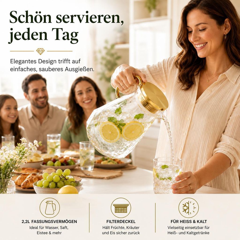 2,2 l Karaffe mit Diamantmuster aus Hochborosilikatglas