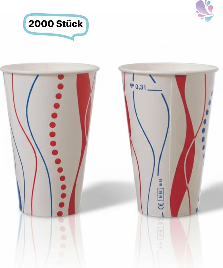 Papptrinkbecher aus Hartpapier rot-blau gestreift mit Eichstrich – 0,25 l bis 0,50 l, Kaltgetränkebecher Retro, 2.000 Stück : Größe - 0,30 l ...