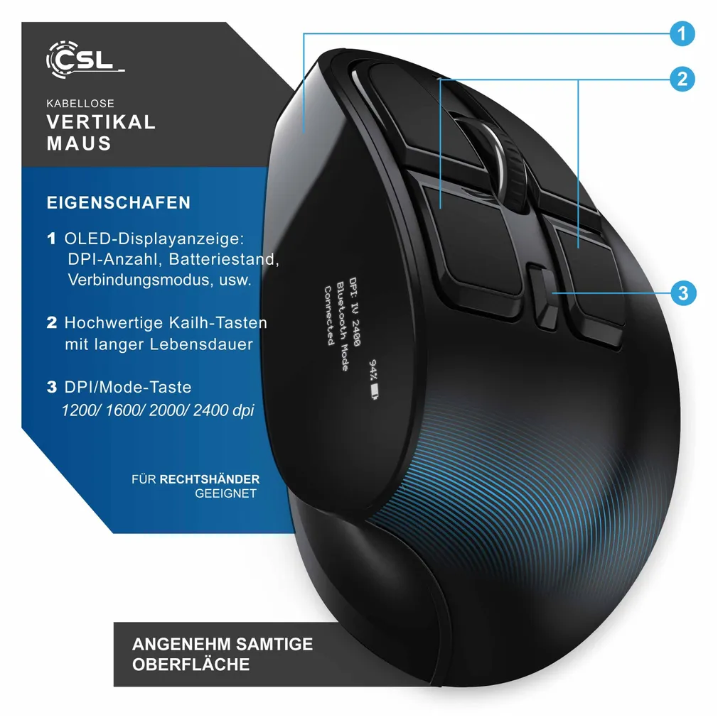 Souris optique verticale CSL avec DPI réglable et Bluetooth - 2