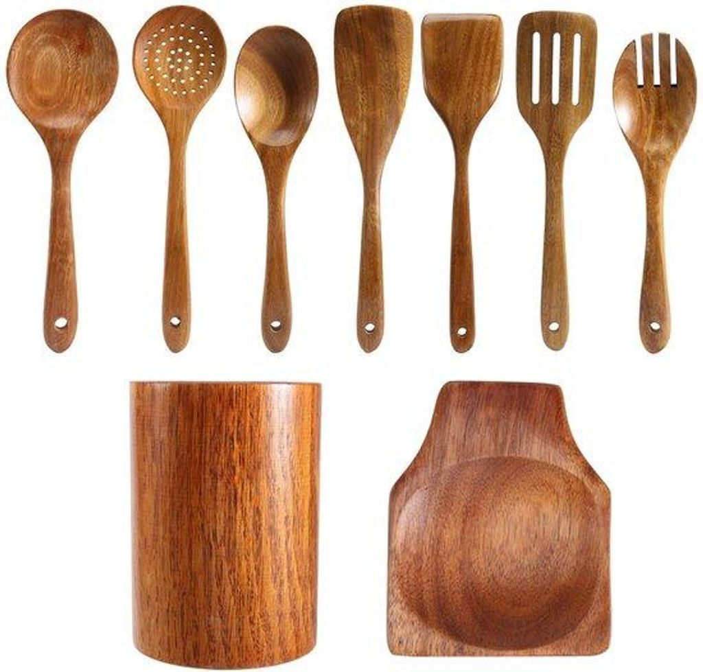Holzkochlöffel-Set Teakholz 9-teilig mit Halter