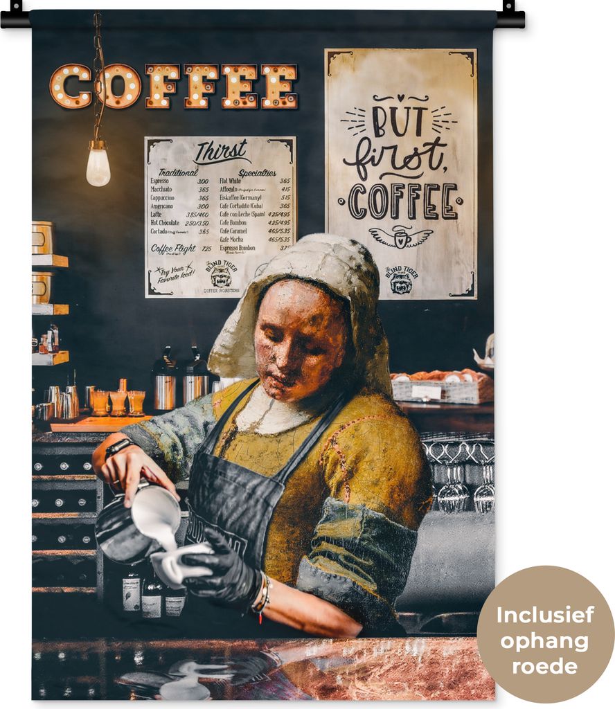 MuchoWow Wandteppich Wandbehang Milchmädchen - Barista - Kaffee - Vintage - Kunst - Abstrakt - Malerei - Alte Meister 60x90 cm Tapisserie Dekora...