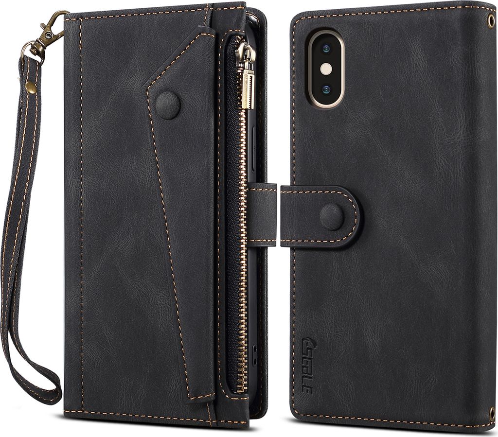 Schutzhülle für iPhone X / iPhone XS Reißverschluss Hülle, Leder Klapphülle Kartenfach Standfunktion Brieftasche mit Trageband Schwarz