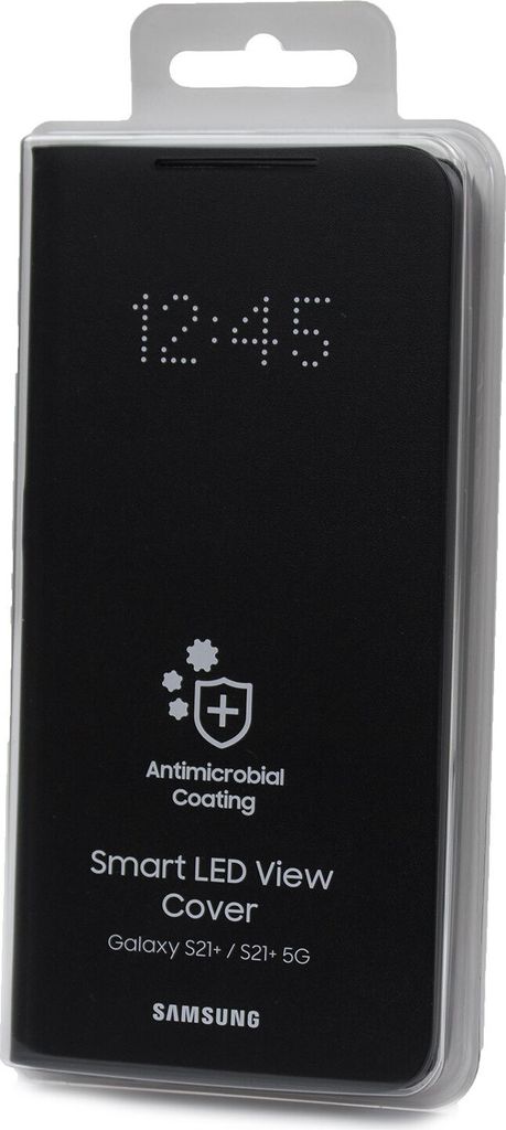 A black Samsung LED View cover for a Galaxy S21+ / S21+ 5G phone, displayed in its retail packaging.