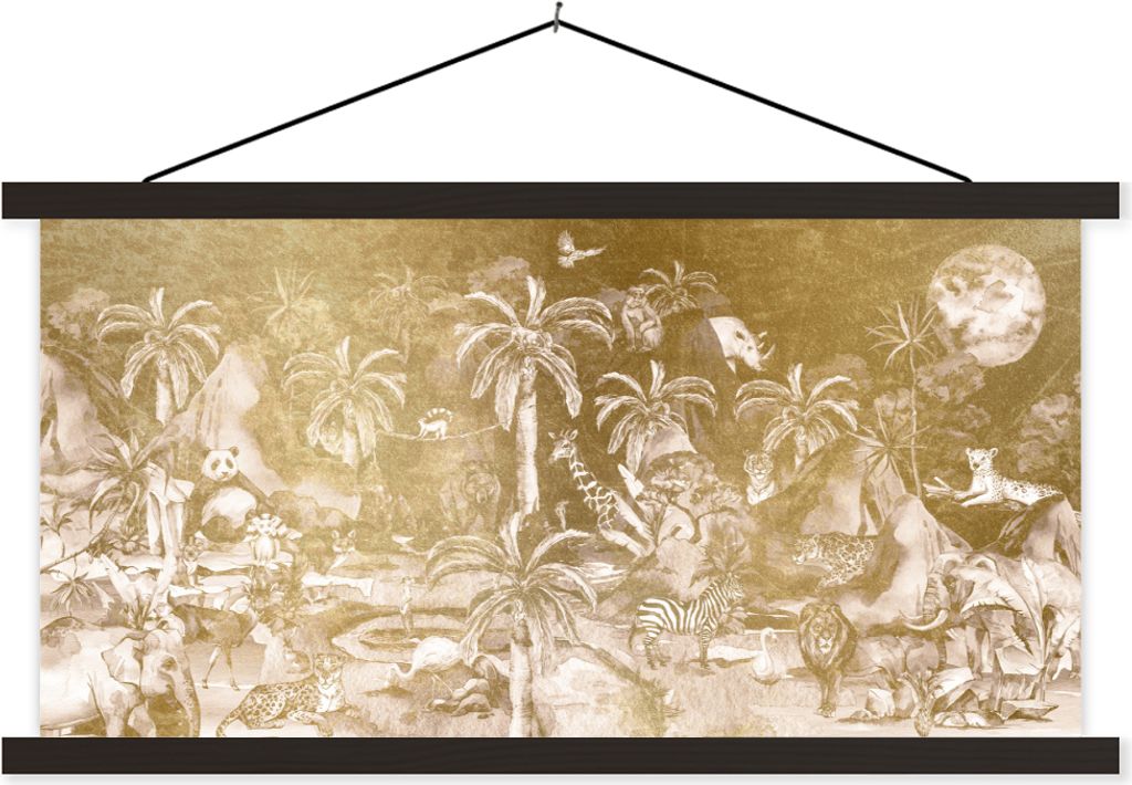 MuchoWow Textilposter Dschungel - Gold - Kinder - Pflanzen - Tiere 150x75 cm mit schwarzem Rahmen - Posterleiste