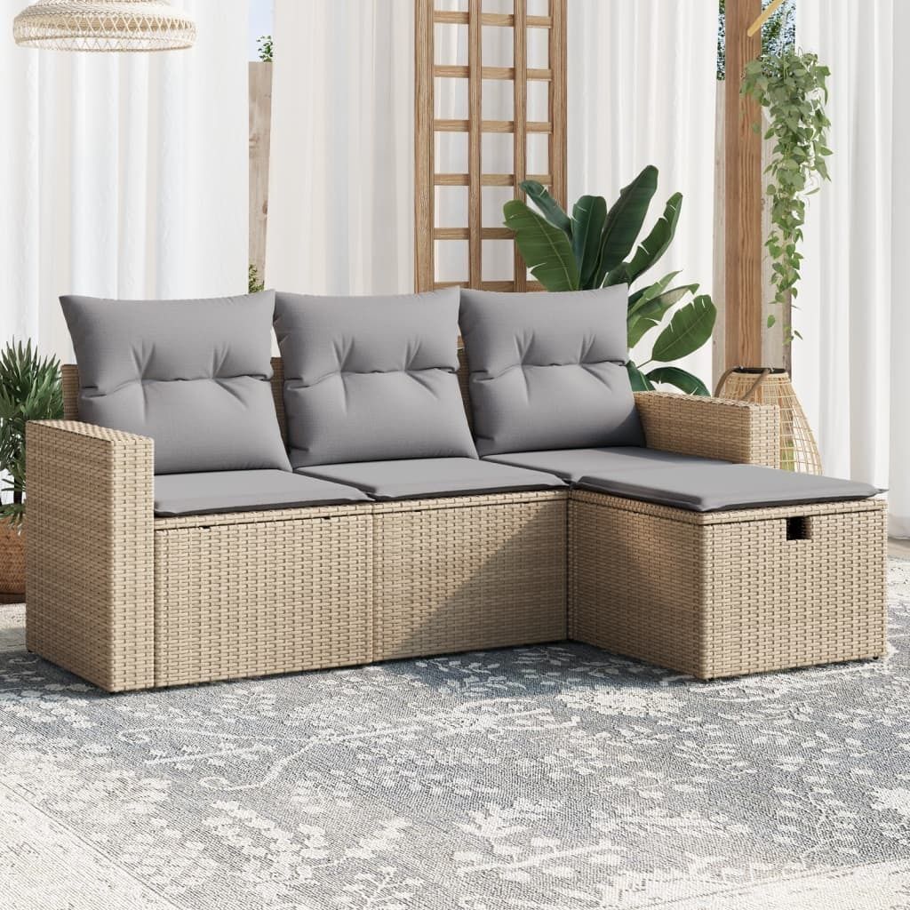 Design 4-tlg. Garten-Sofagarnitur mit Kissen Beigemischung Poly Rattan, Gartenmöbel-Sets 2024 Neu