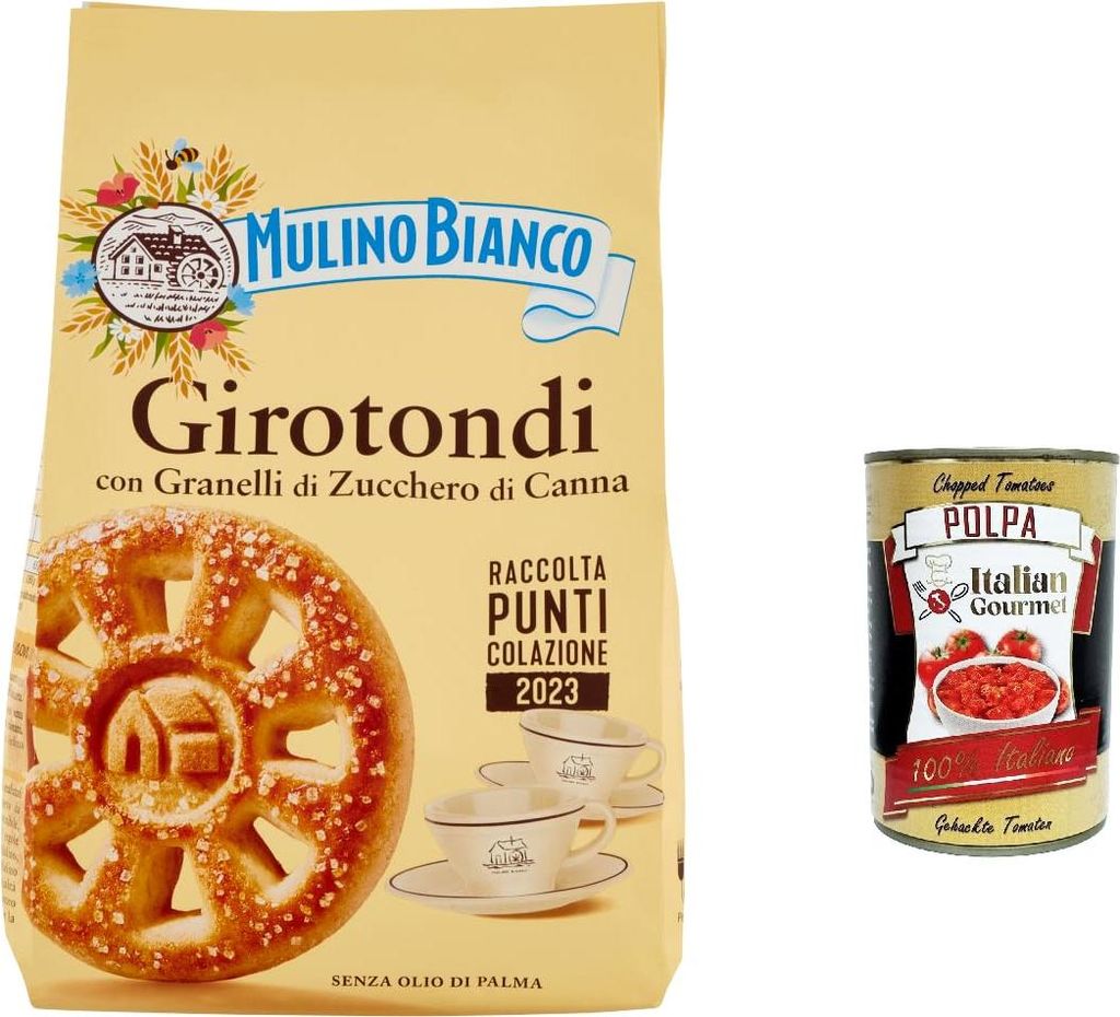 6x Mulino Bianco Girotondi, Kekse mit braunen Zuckerkörnern 350G biscuits cookies + Italian gourmet polpa 400g