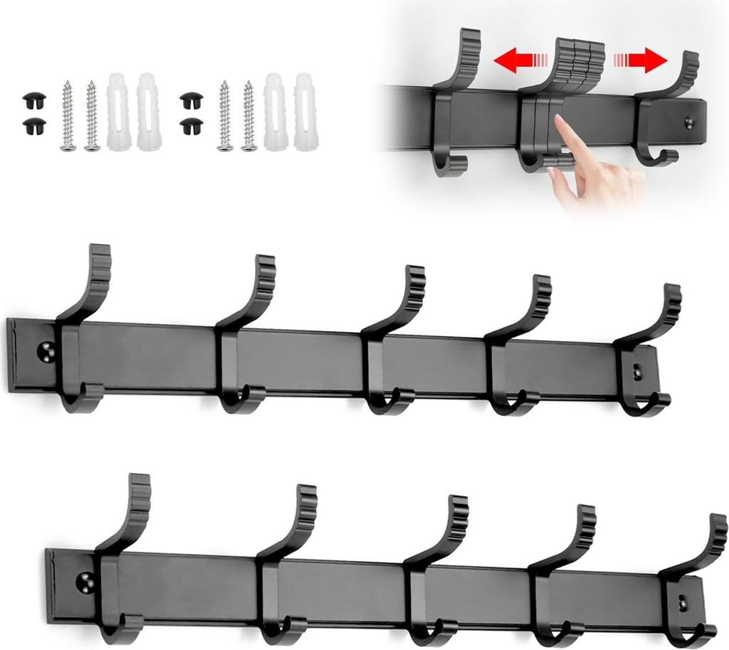 2 Stück Garderobenhaken Hakenleiste Kleiderhaken Wand mit 5 Haken ohne Bohren, Metall verschiebbar schwarz