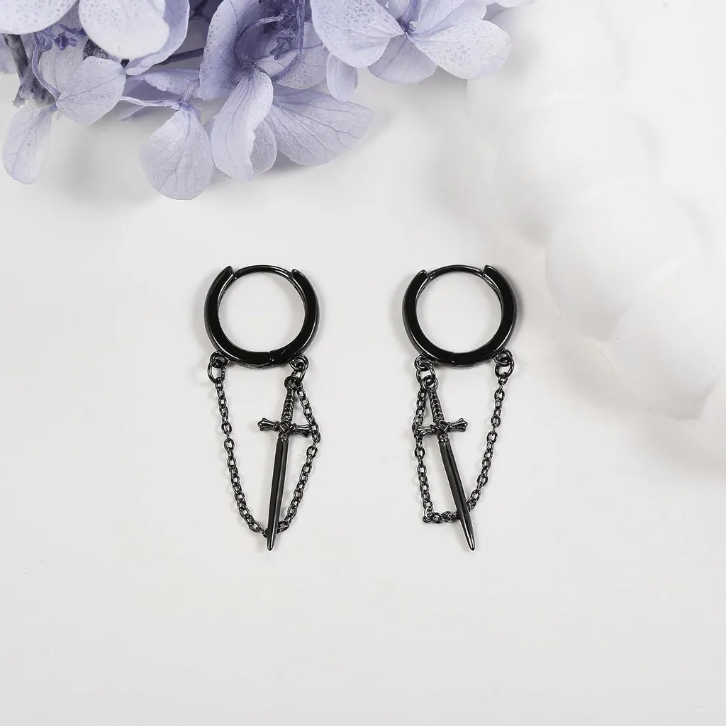 Boucles d'oreilles épée noire argent 925 hypoallergénique et durable