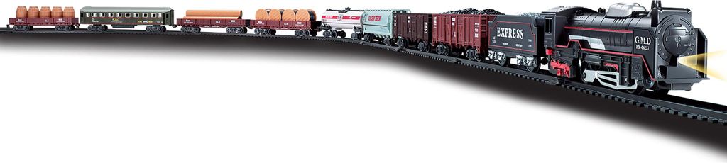 A toy train set with a locomotive and several carriages on a track.
