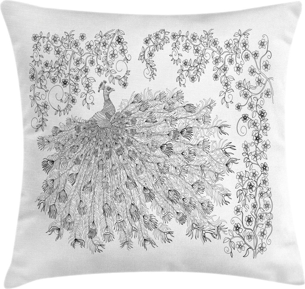 ABAKUHAUS Pfau Kissenbezug, Ungefärbt Entwurf Umrißbild von Blühende Blumenbaum Zweige und Vogel, 40 x 40 cm, Charcoal Grau Weiß