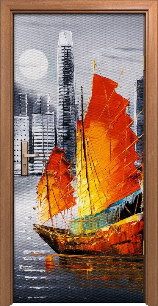 Türposter 90x200 cm Türaufkleber Türtapete Türfolie Klebefolie Kunst Hongkong Segel Boot Schiff Stadt