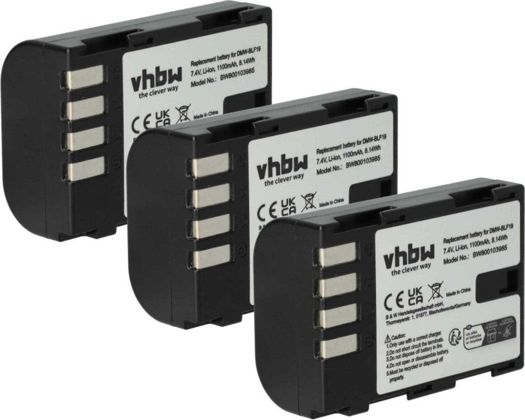 vhbw 3x Akku Ersatz für Panasonic DMW-BLF19E, DMW-BLF19 für Kamera (1100 mAh, 7,2 V, Li-Ion)