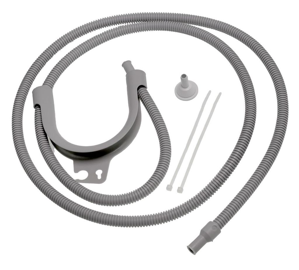A set of dryer condensate drain accessories, including a hose, a U-shaped bracket, a funnel, and zip ties, laid out on a white background.