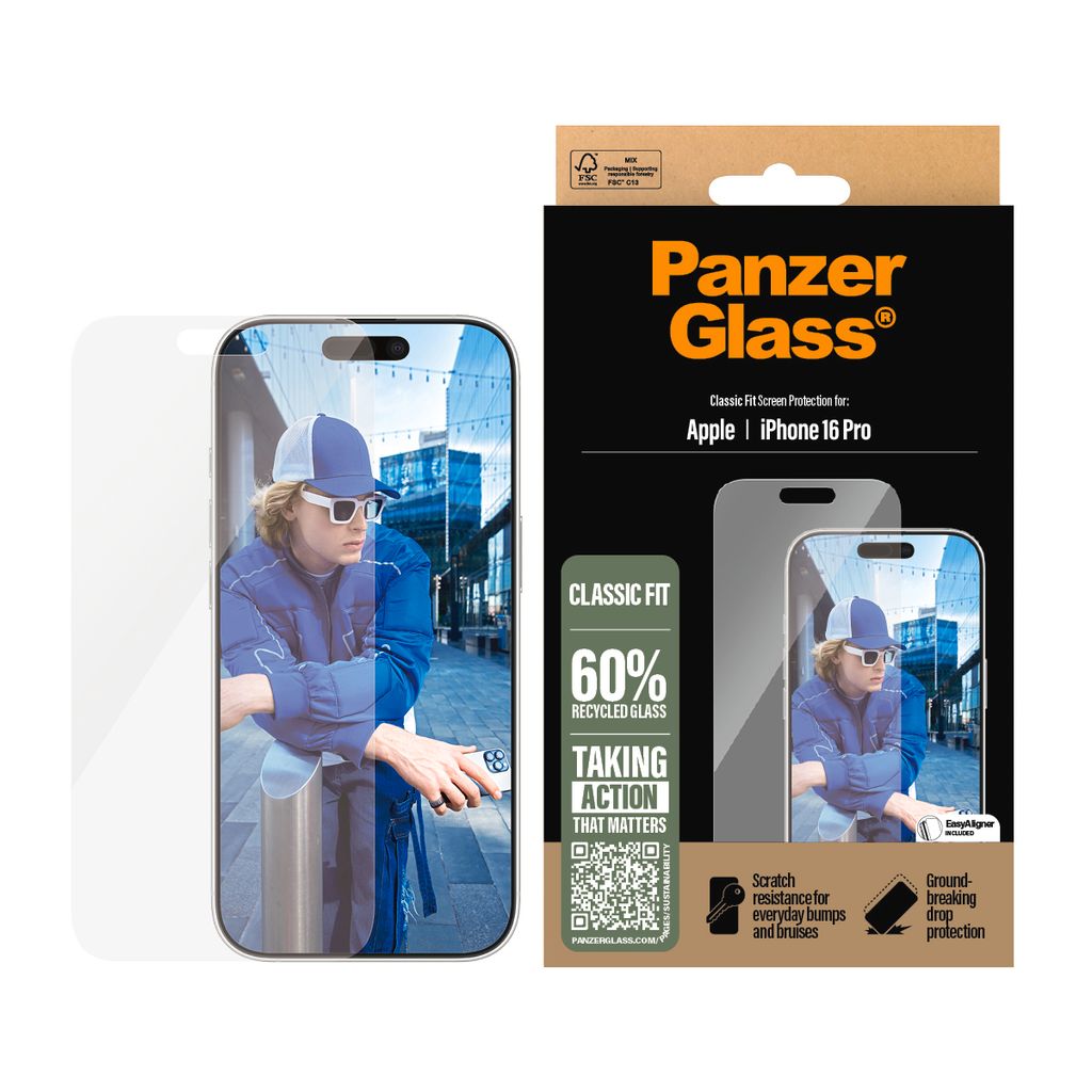 Product packaging for a screen protector with a lifestyle image of a person on it.