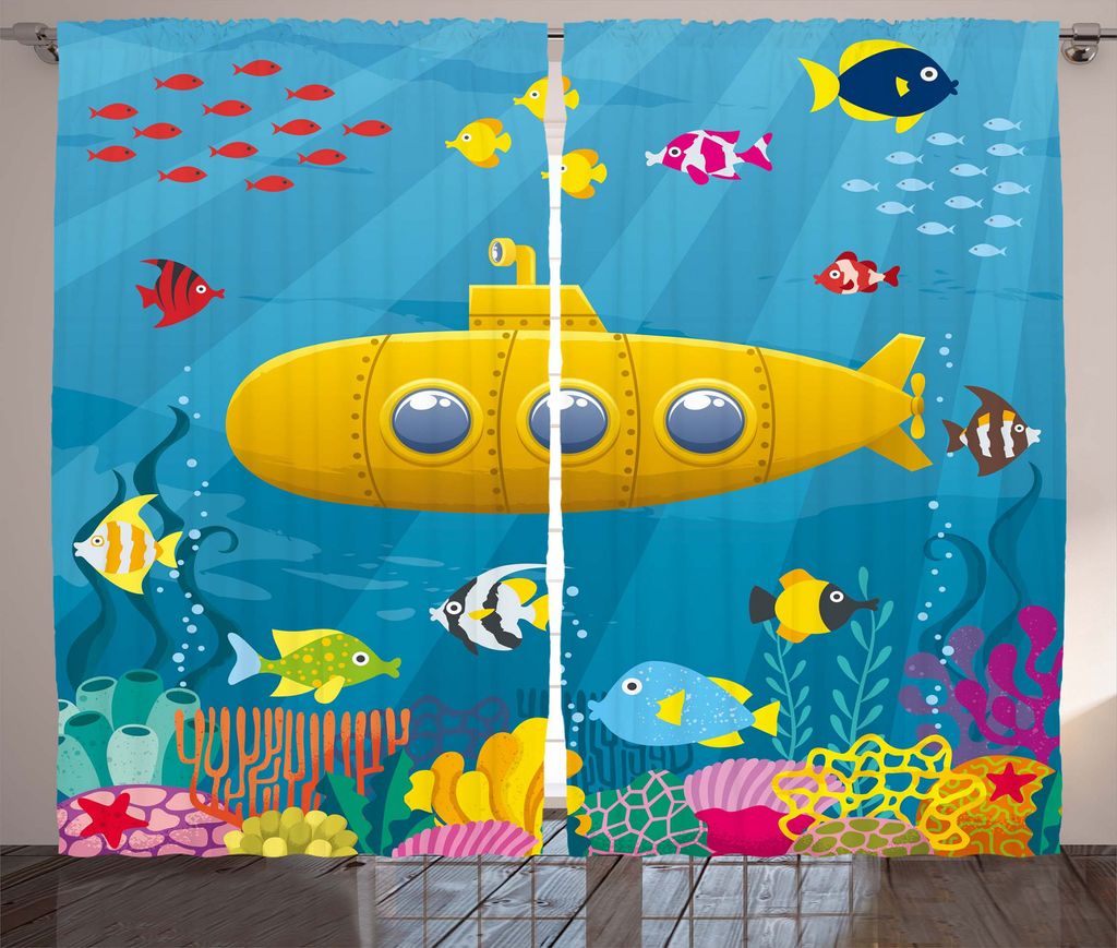 ABAKUHAUS Gelbes U-Boot Rustikaler Gardine, Korallenriff, Schlafzimmer Kräuselband Vorhang mit Schlaufen und Haken, 280 x 175 cm, Blau Gelb Rosa
