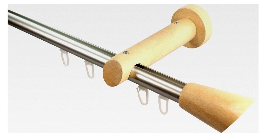 Innenlauf Gardinenstangen aus Aluminium und Holz in Edelstahl und Buche, 20 mm, Endstück Digo, 140 cm