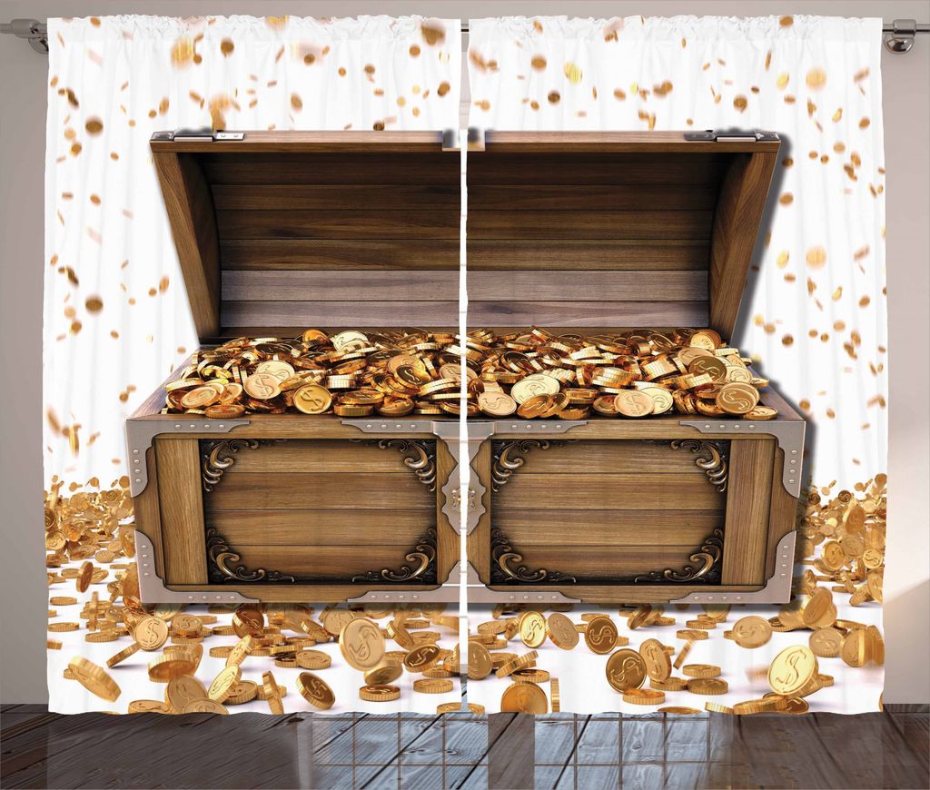ABAKUHAUS Truhe Rustikaler Vorhang, Reichtum Themed Goldmünzen, Wohnzimmer Universalband Gardinen mit Schlaufen und Haken, 280 x 225 cm, Umber Erd...