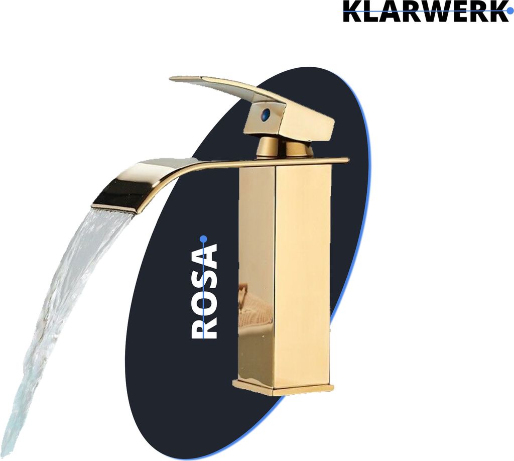 ROSA | Premium Wasserfall Badarmatur Gold glänzend| Gastronomie Edelstahl Mischbatterie Waschbecken | Design Wasserhahn eckig Waschtischarmatur