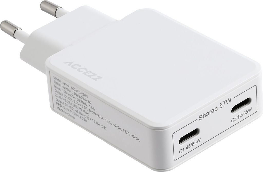 Chargeur Accezz Ultra Slim GaN - 2x USB-C - 65 W - Blanc Image du produit 
